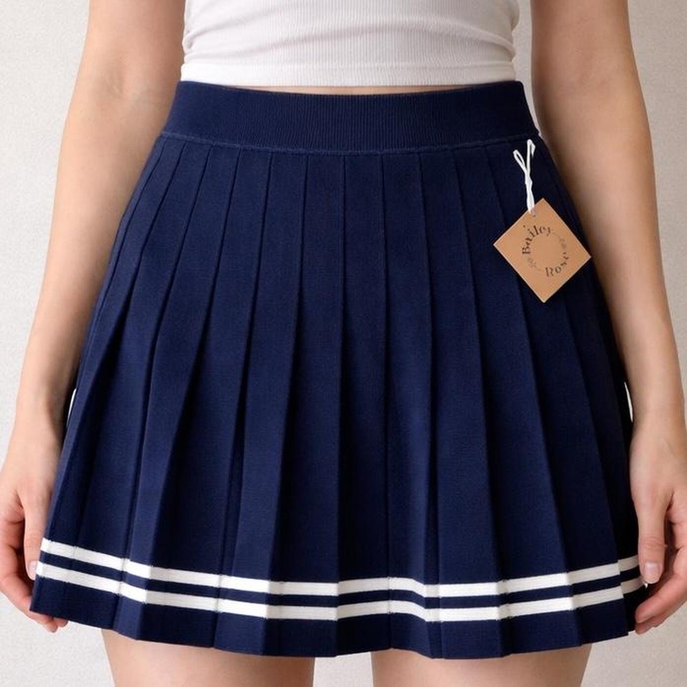 Bailey Rose Navy Pleated Knit Mini Skirt NWT – L